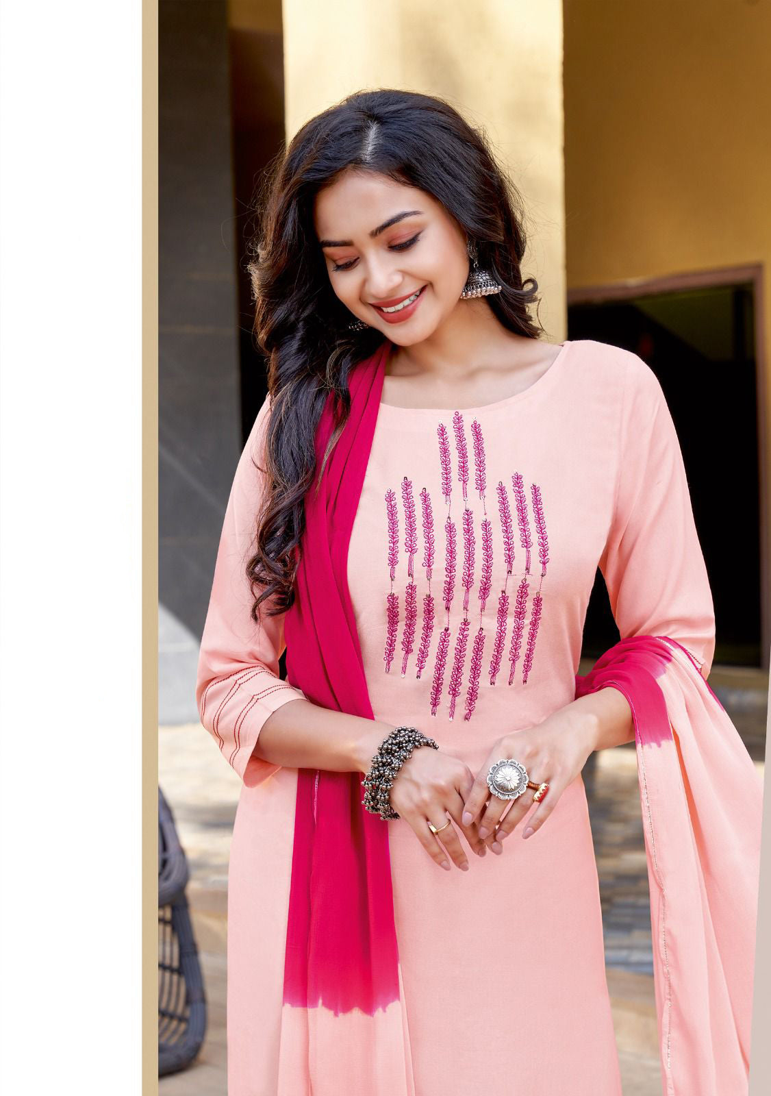 Light Pink Color Embroidered Designer Kurti Suits With Palazzo Pants Near Me