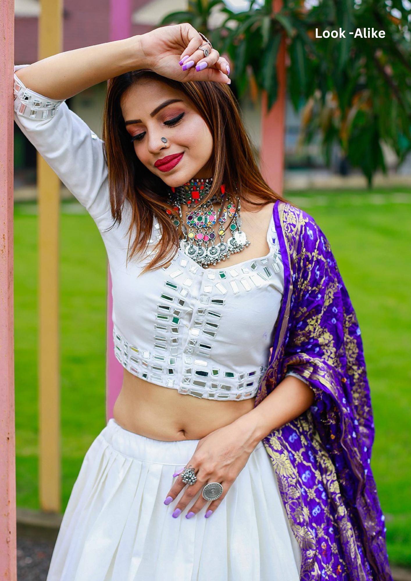 White Color Cotton Lehenga Set With Purple Color Dupatta Near Me