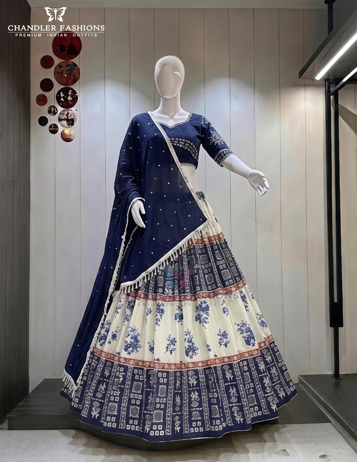 Amazing White And Blue Color Cotton With Printed Work Chaniya Choli Set For Women