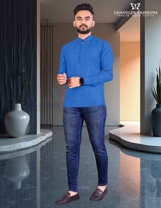 Beautiful Blue Color Cotton Men's Short Kurta