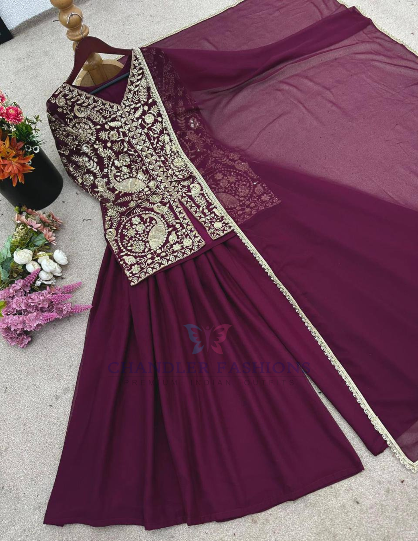 Maroon Color Faux Georgette Palazzo Suits In USA