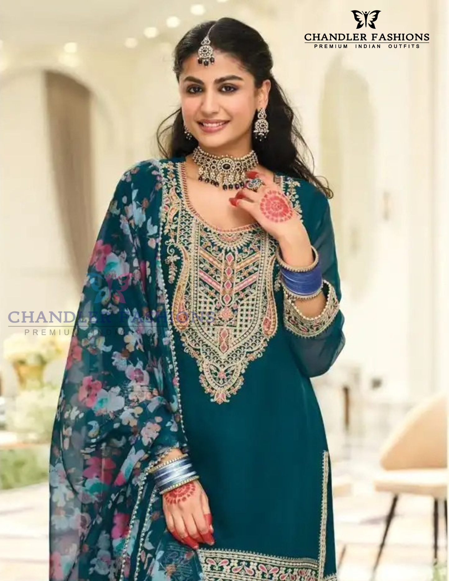 Teal Blue Color With Embroidery Work Palazzo Suits Near Me