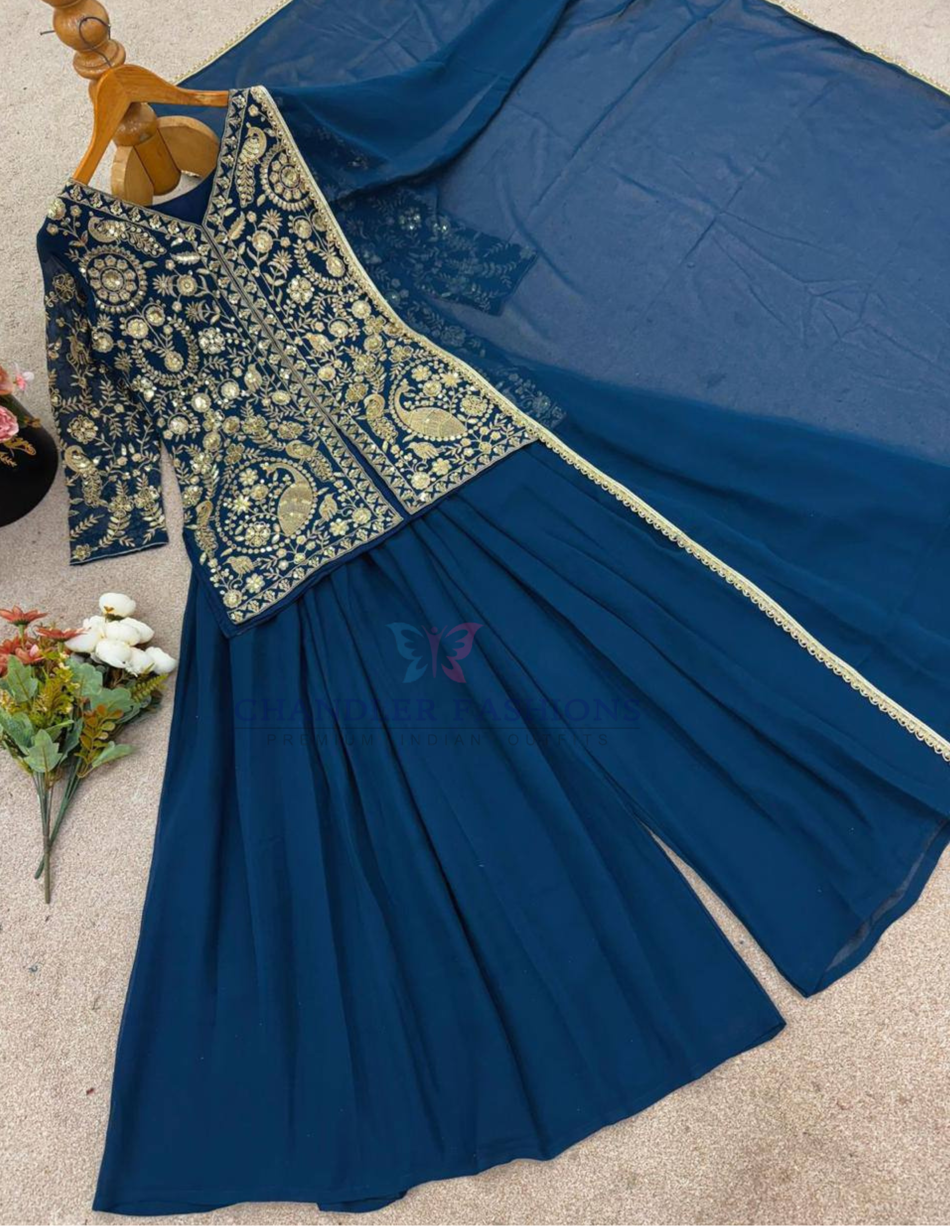 Blue Color Georgette With Embroidery And Sequins Work Palazzo Suits Near Me