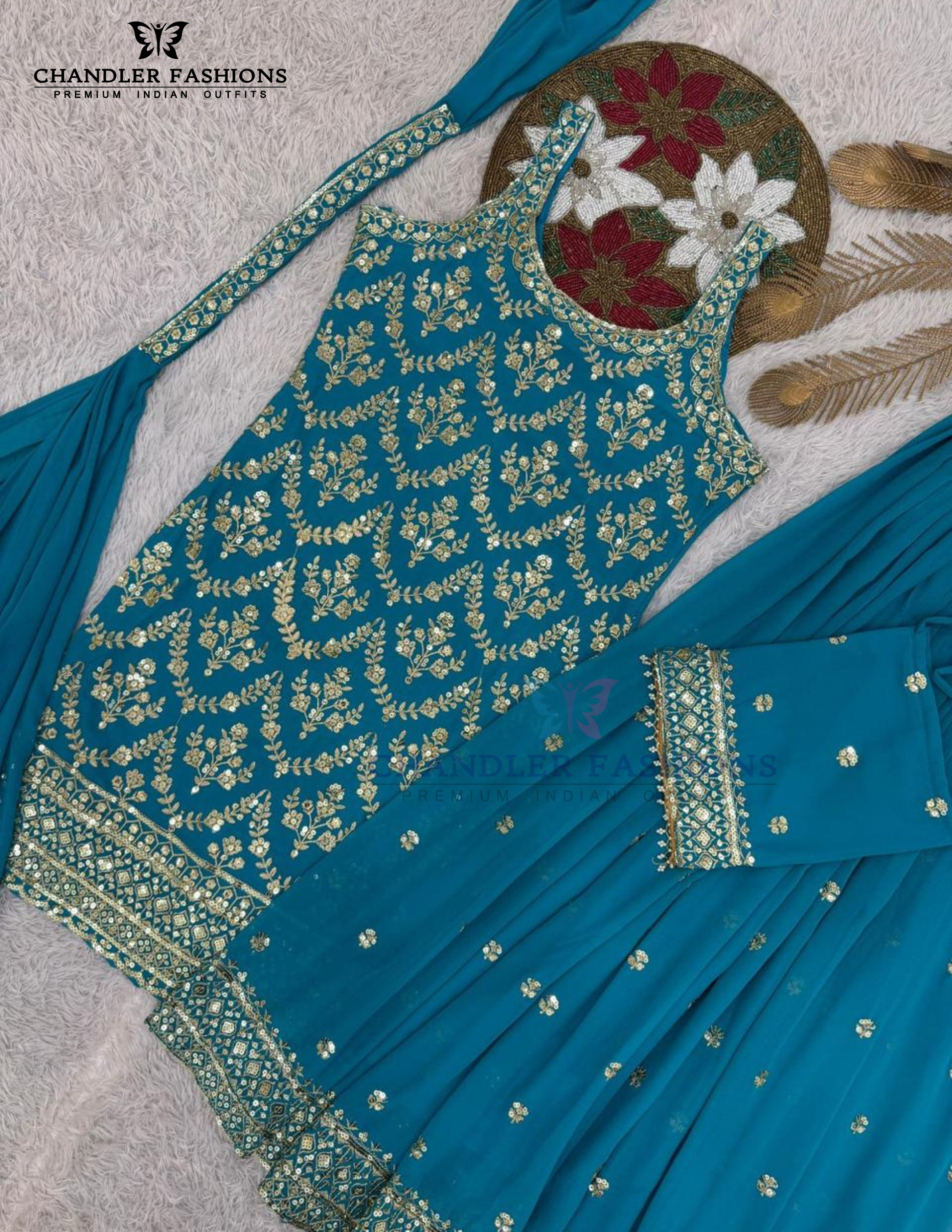 Sky Blue Color Georgette With Sequins Work Palazzo Suits In Mesa