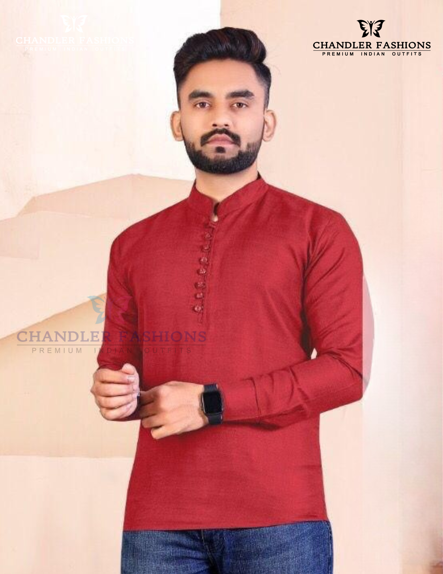 Graceful Red Color Cotton Short Kurta For Men Near Me