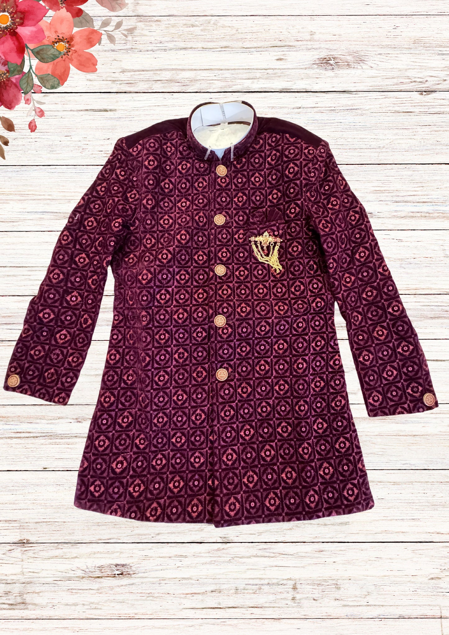 Attractive Wine Color Velvet Embroidery Work Kurta With Pajama Sets For Kids Near Me