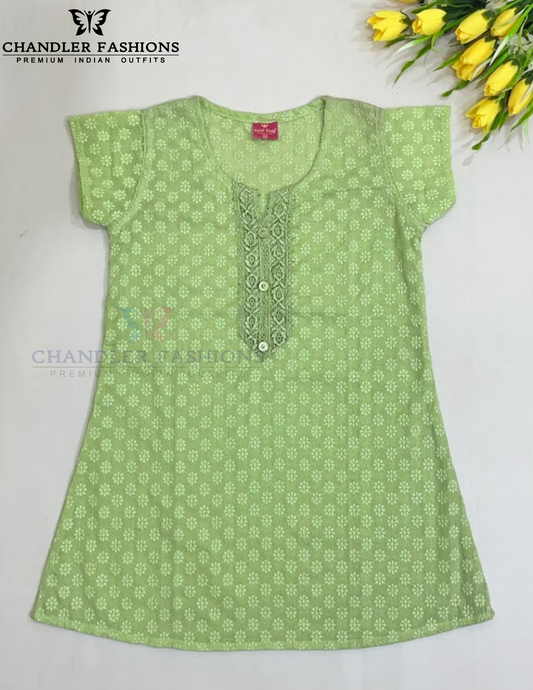 Beautiful Light Green Color Cotton With Embroidery Work Kurti For Girls