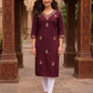 Stunning Maroon Color Cotton With Embroidery Work Kurti For Women