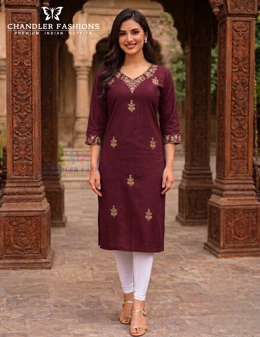 Stunning Maroon Color Cotton With Embroidery Work Kurti For Women