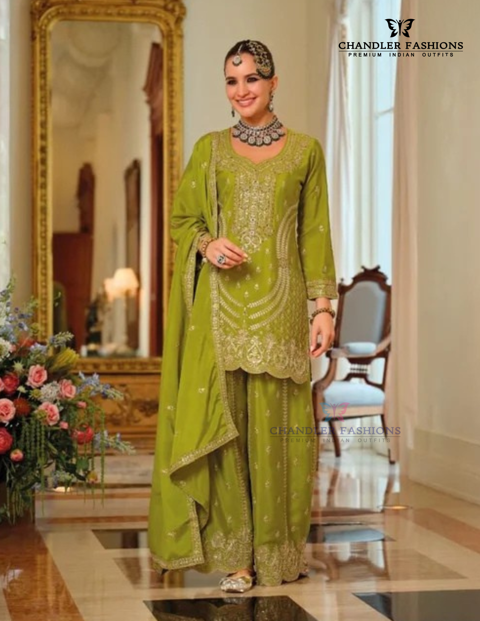 Charming Olive Green Color Chinon With Embroidery Work Palazzo Suit With Dupatta For Women