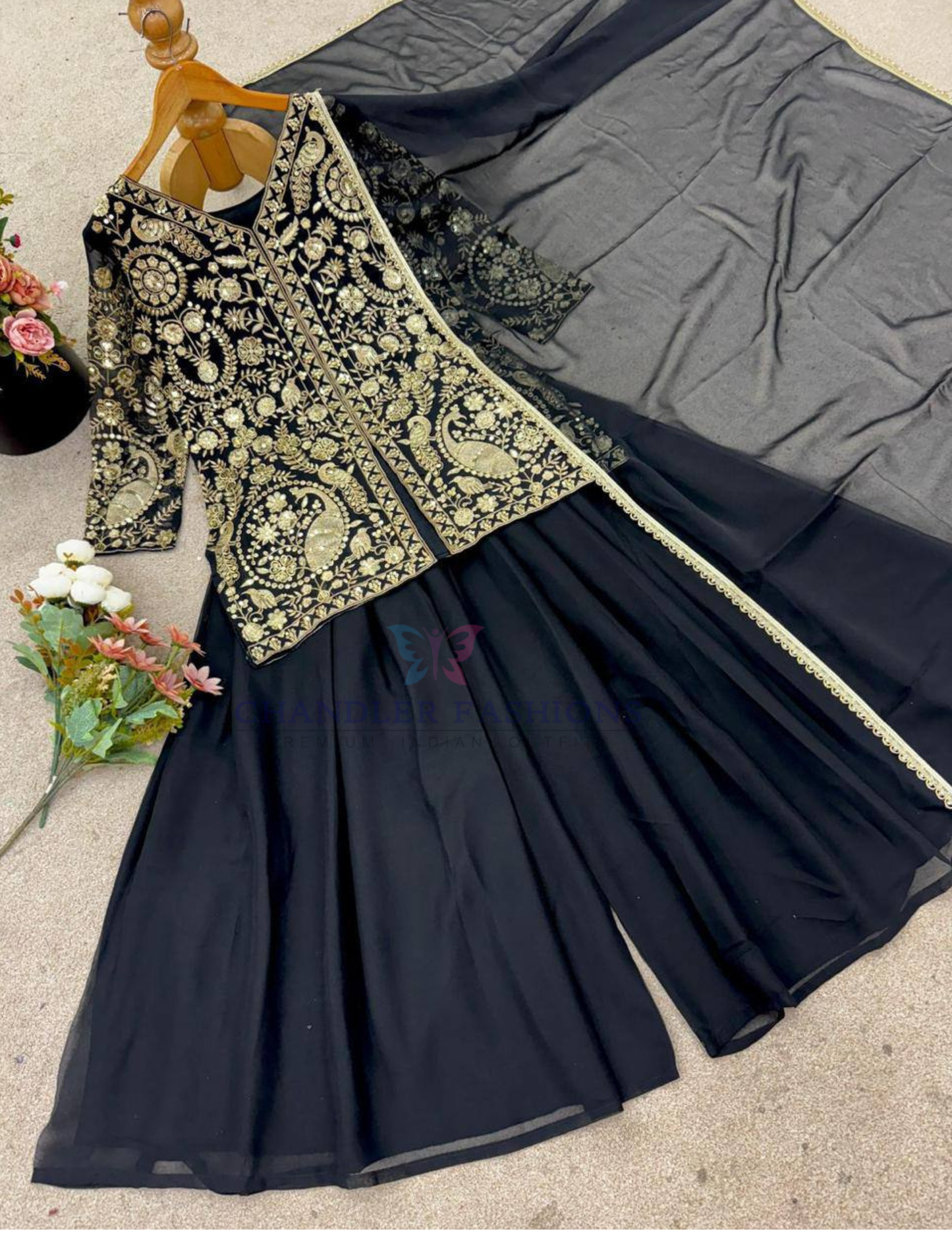 Charming Black Color Georgette Palazzo Suits In Mesa