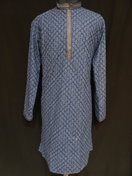 Alluring Navy Blue Color Rayon Schiffli Printed Men's Kurta And Pajama Pant 