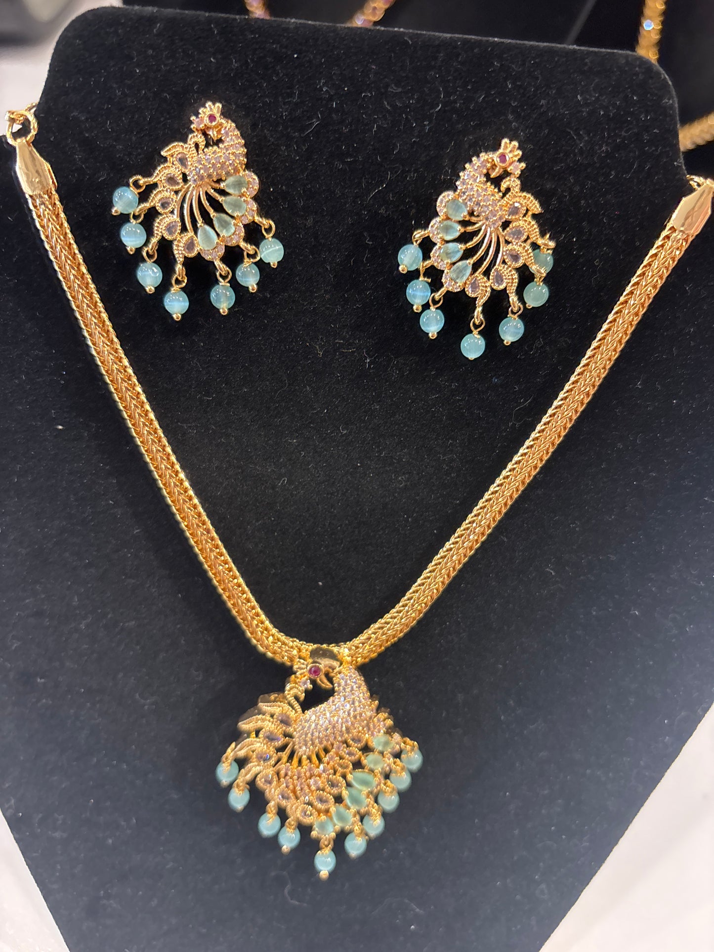 Teal Green and Blue Stone Peacock Locket Gold-Tone Necklace Set with Matching Earrings For Women
