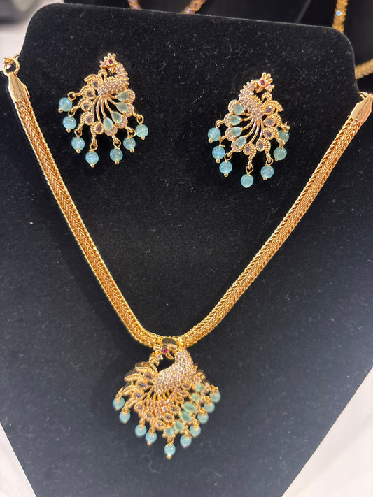 Teal Green and Blue Stone Peacock Locket Gold-Tone Necklace Set with Matching Earrings For Women