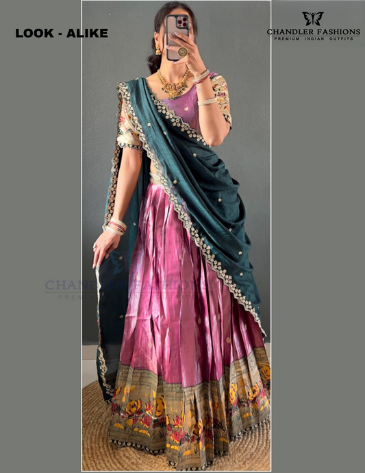 Alluring Purple And Green Color Tissue Cotton Silk With Zari Work Lehenga Choli With Dupatta For Women