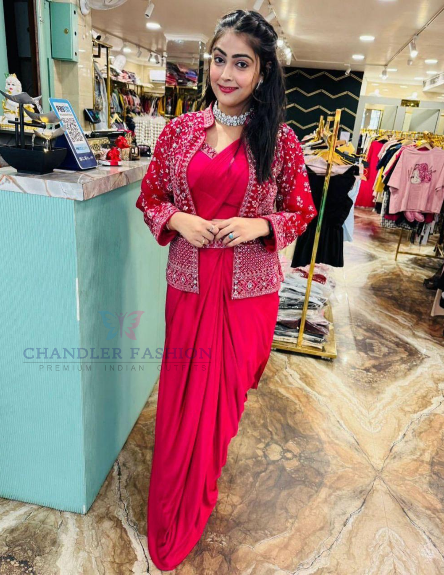 Dark Pink Color Embroidery And Sequins Work Ready To Wear Saree Near Me