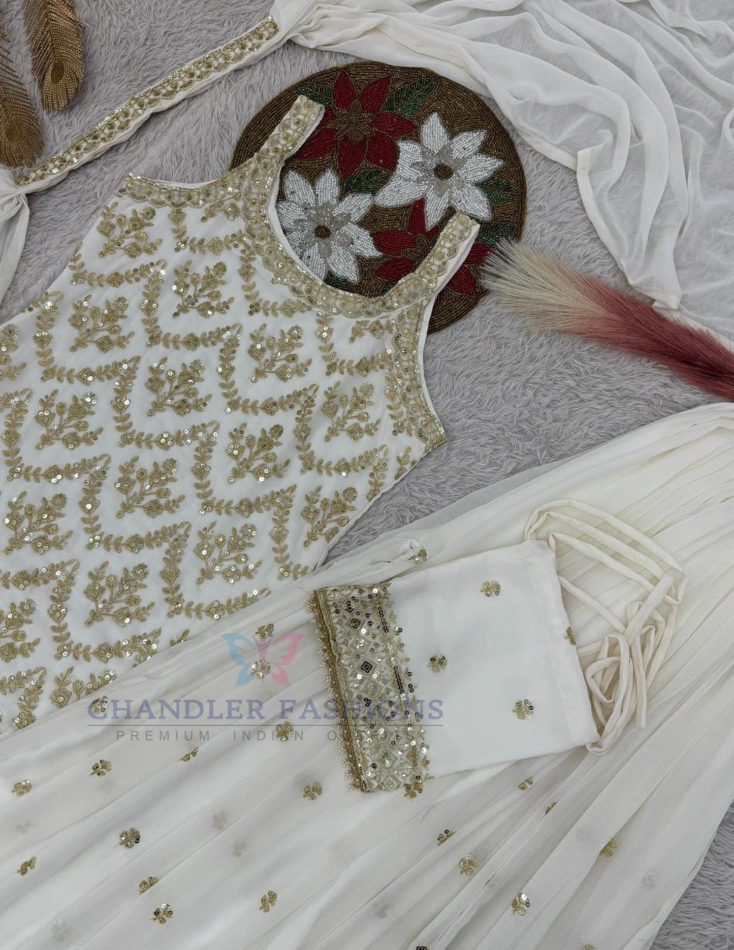 Off White Color Georgette With Sequins Work Palazzo Suit In Chandler