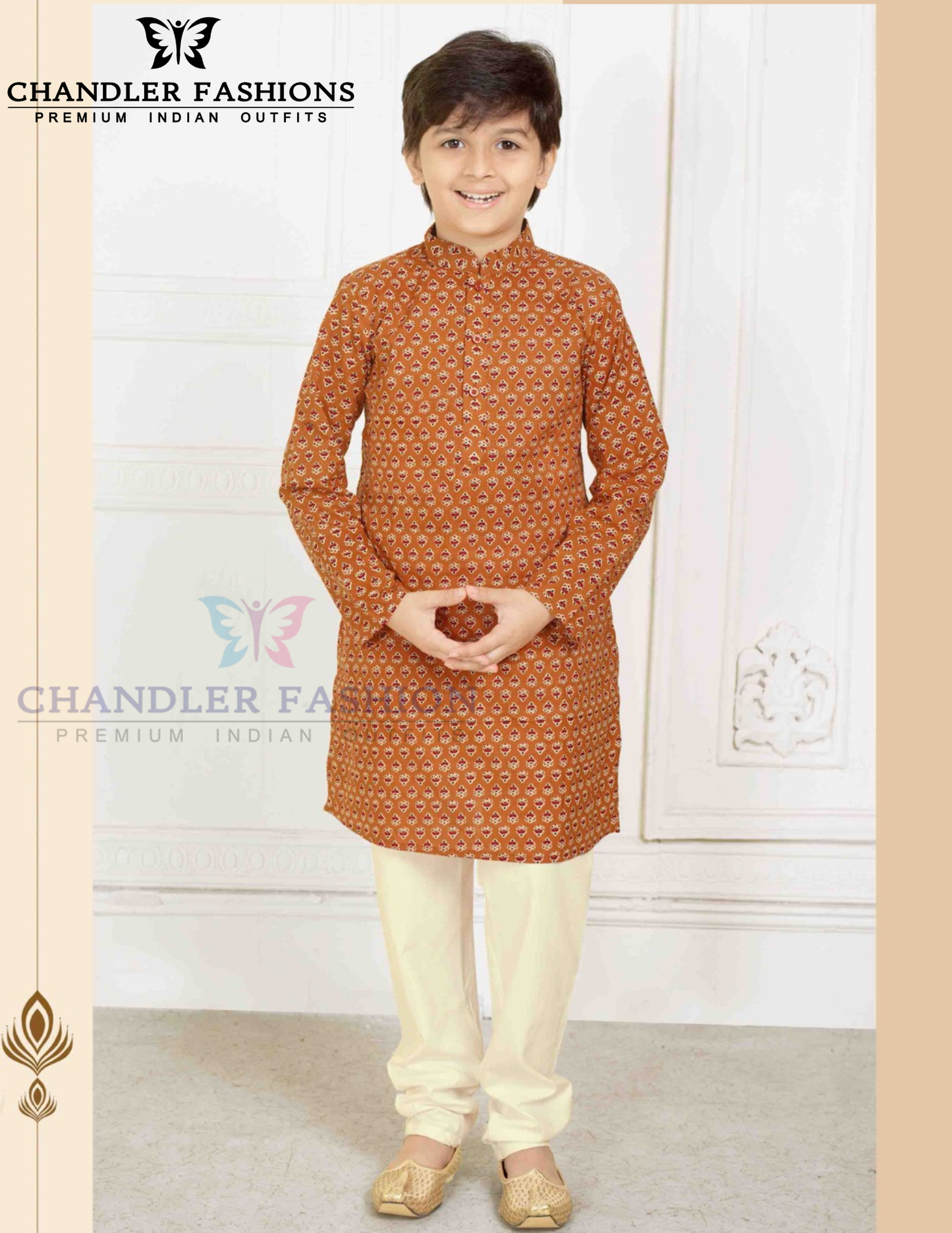Attractive Light Brown Color Cotton Kurta Pajama Set For Kids