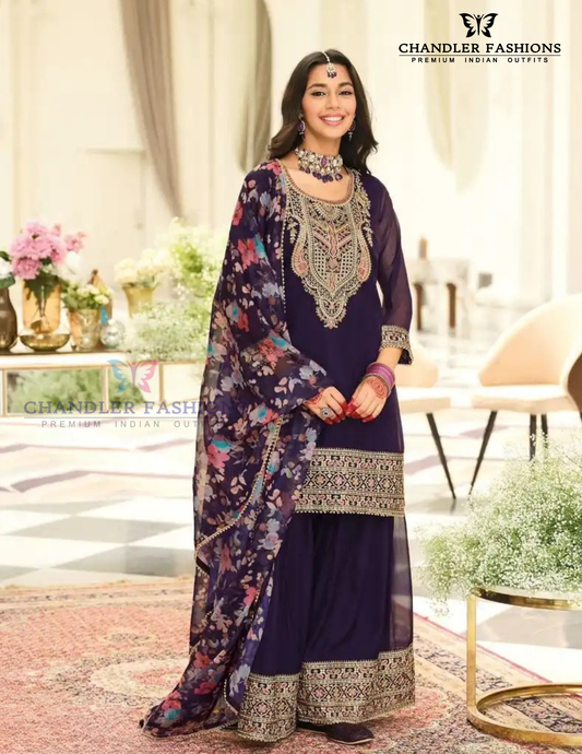 Gorgeous Dark Purple Color Organza With Embroidery Work Palazzo Suits For Women