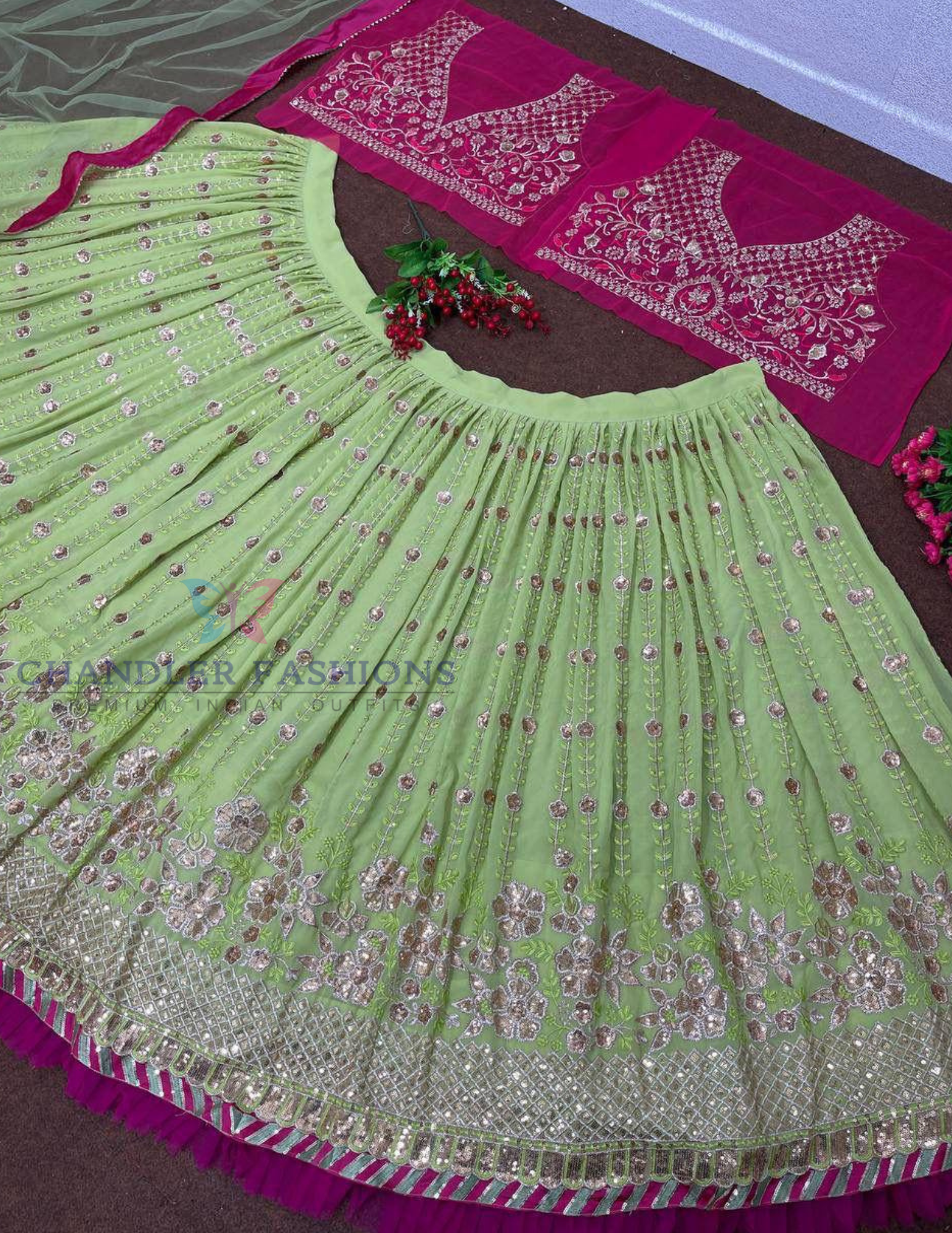Fabulous Green And Pink Color Georgette With Heavy Embroidery And Sequins Work Lehenga For Women