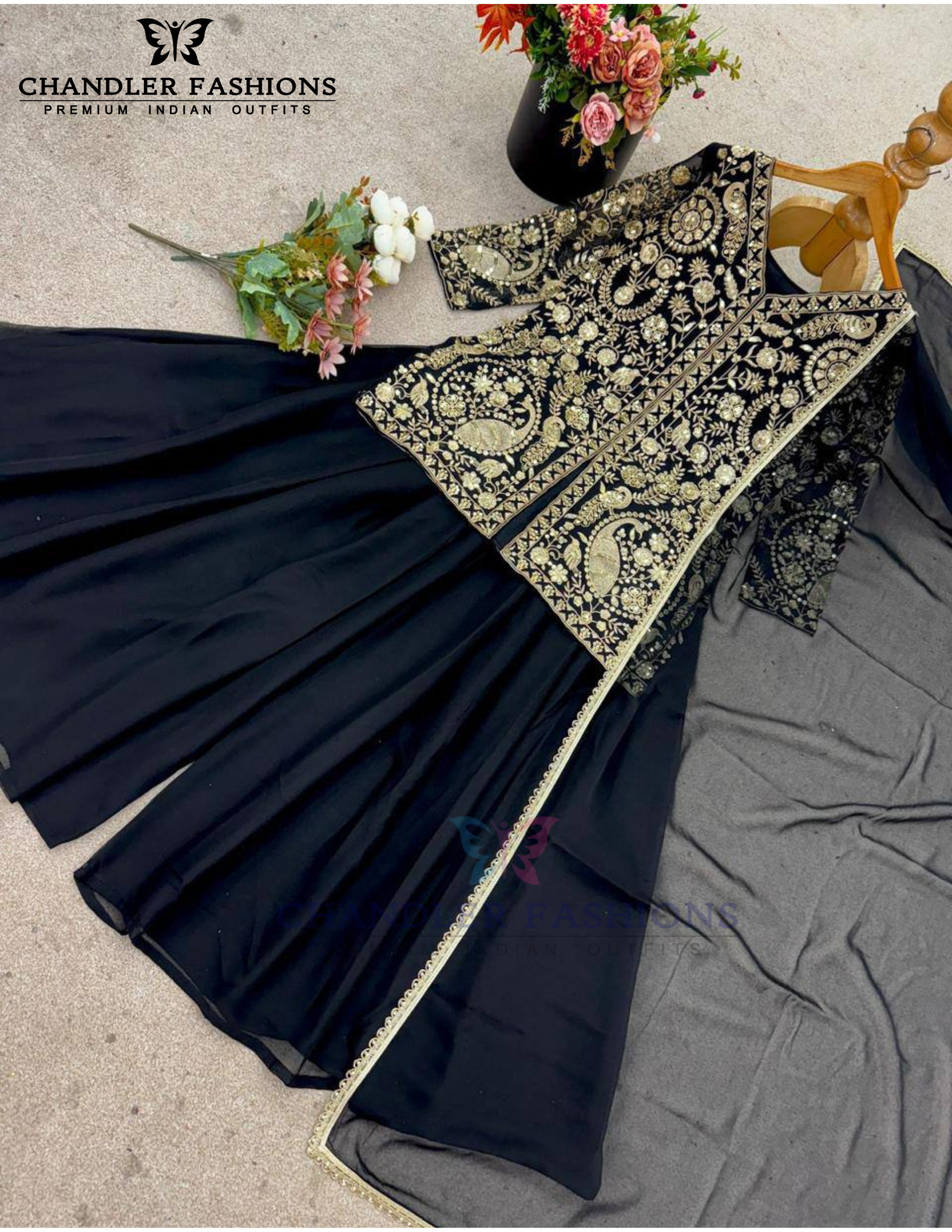 Black Color Georgette Embroidery Work Palazzo Suits In Tempe