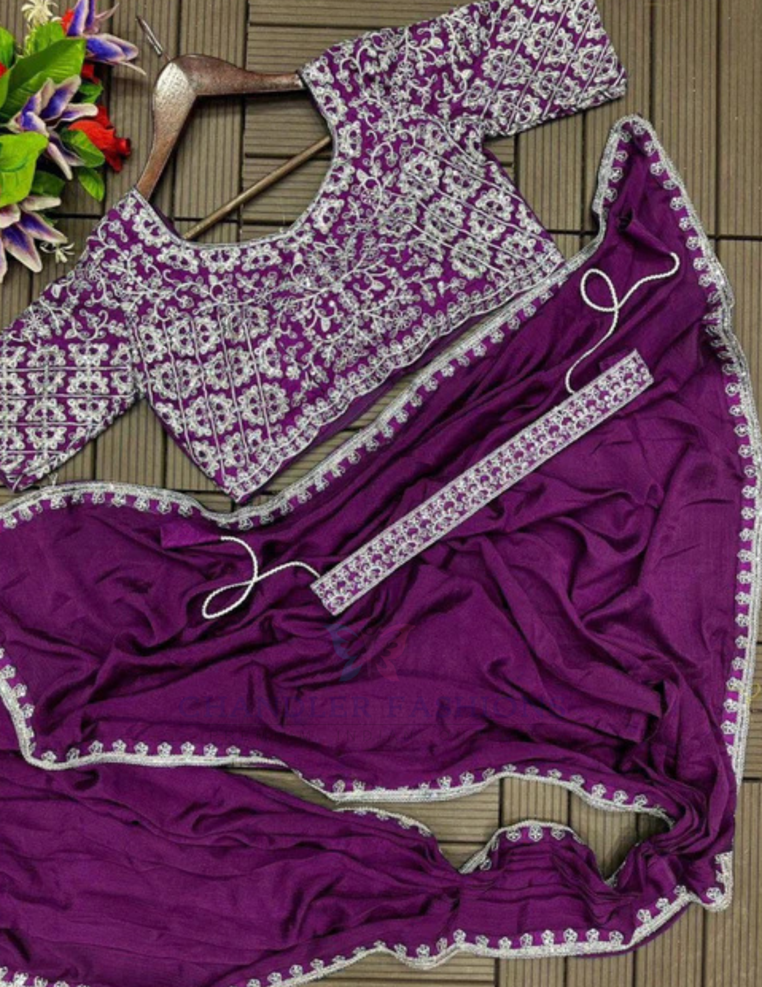 Purple Color Chinon With Embroidery Work Ready To Wear Saree Near Me