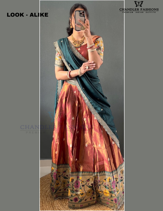Attractive Golden Brown And Green Color Tissue Cotton Silk With Zari Work Lehenga Choli With Dupatta For Women