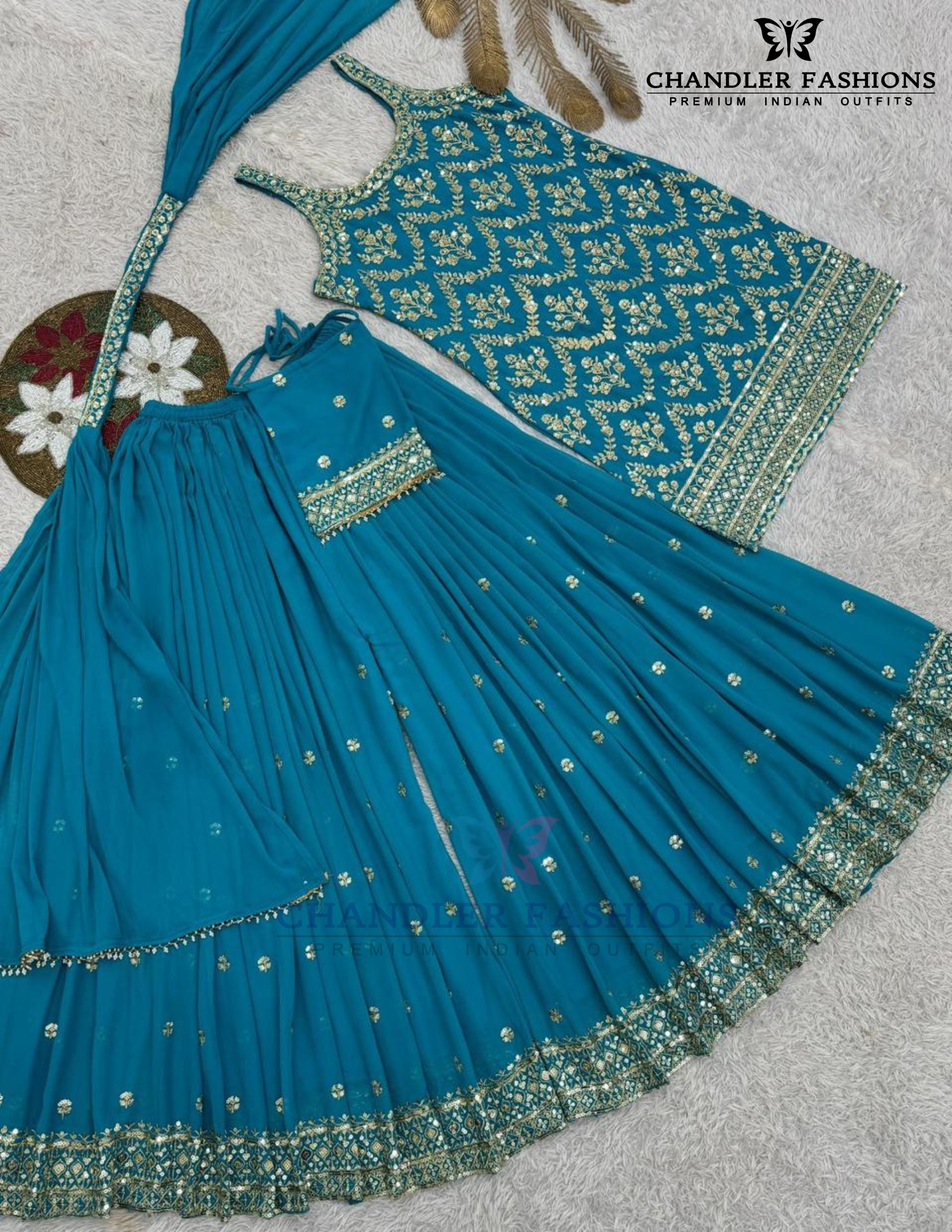 Sky Blue Color Georgette With Embroidery Work Palazzo Suits In Tempe