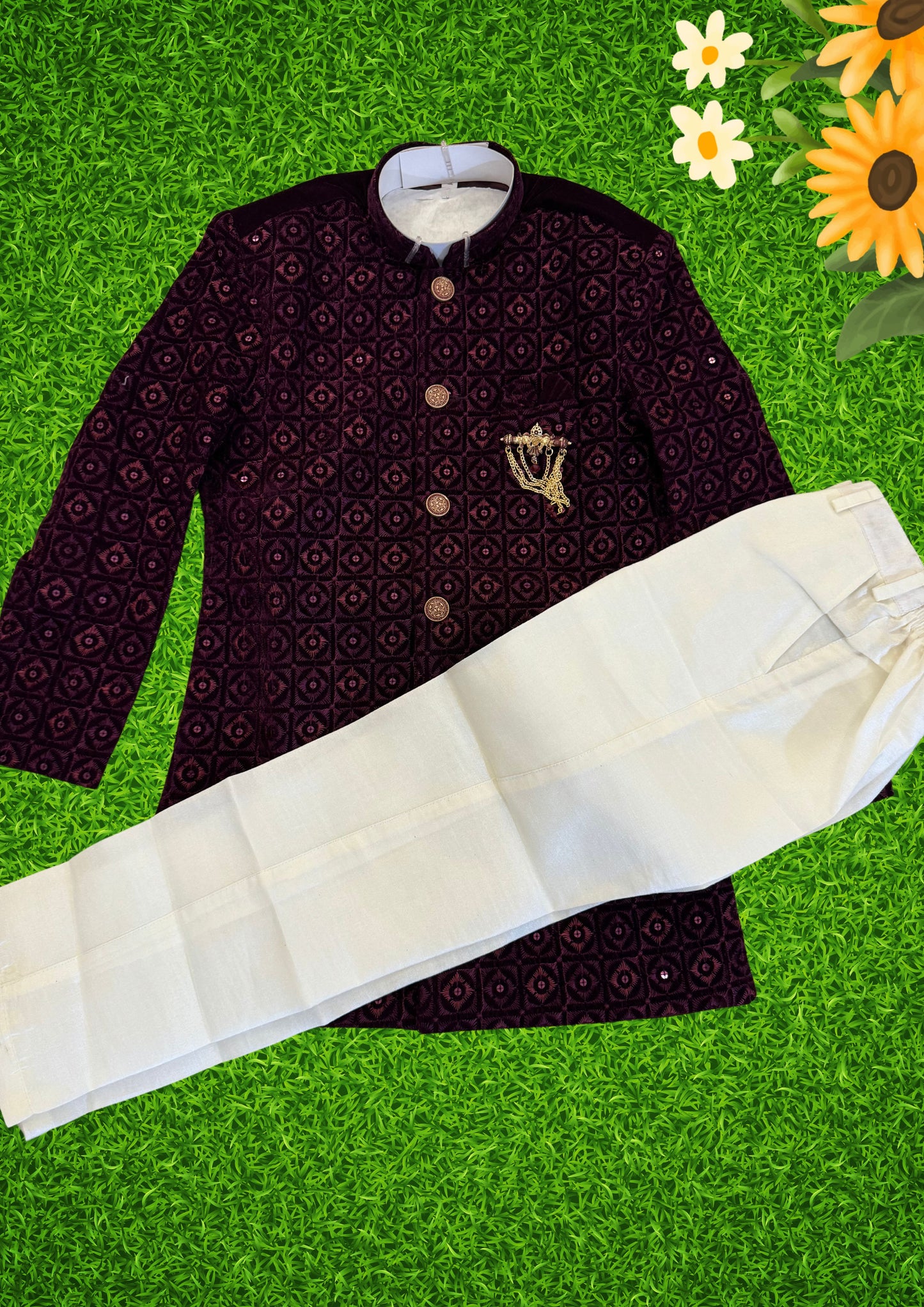 Attractive Wine Color Velvet Embroidery Work Kurta With Pajama Sets For Kids In Mesa