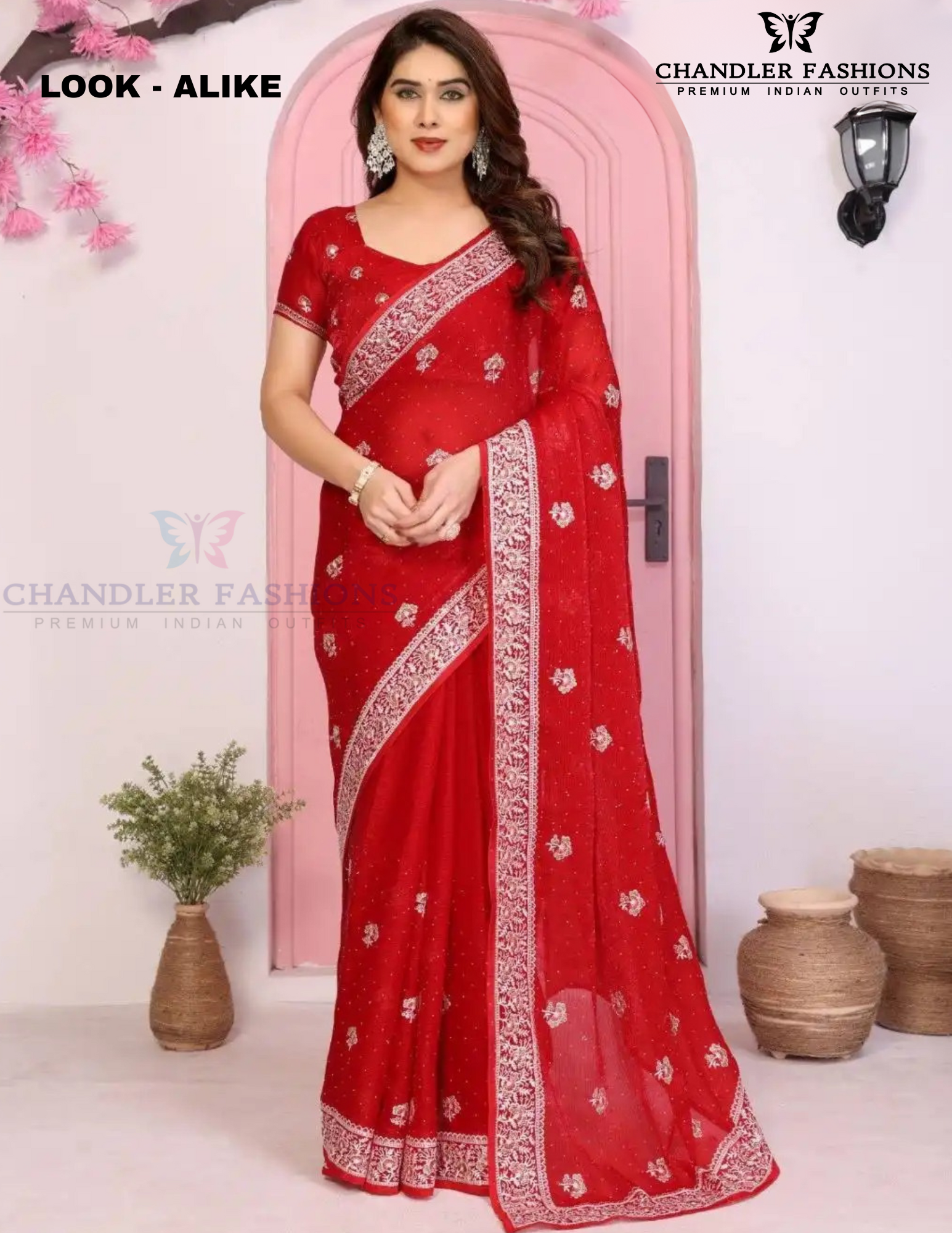 Dazzling Red Color Fendy Chiffon Silk With Embroidery Work Saree 