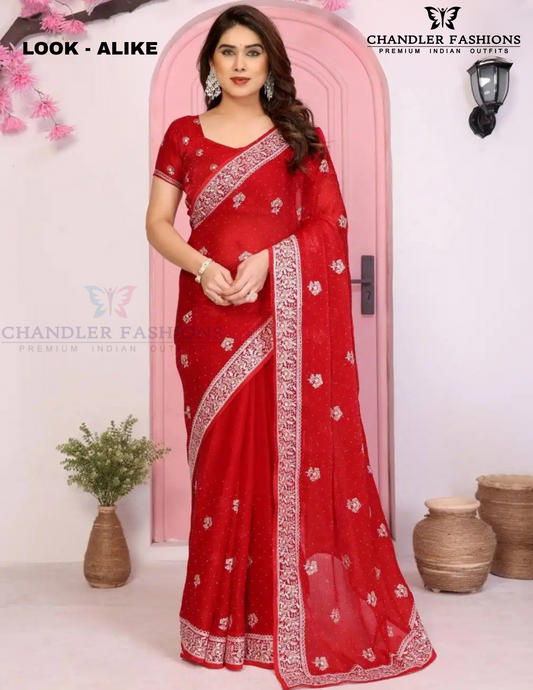 Dazzling Red Color Fendy Chiffon Silk With Embroidery Work Saree 