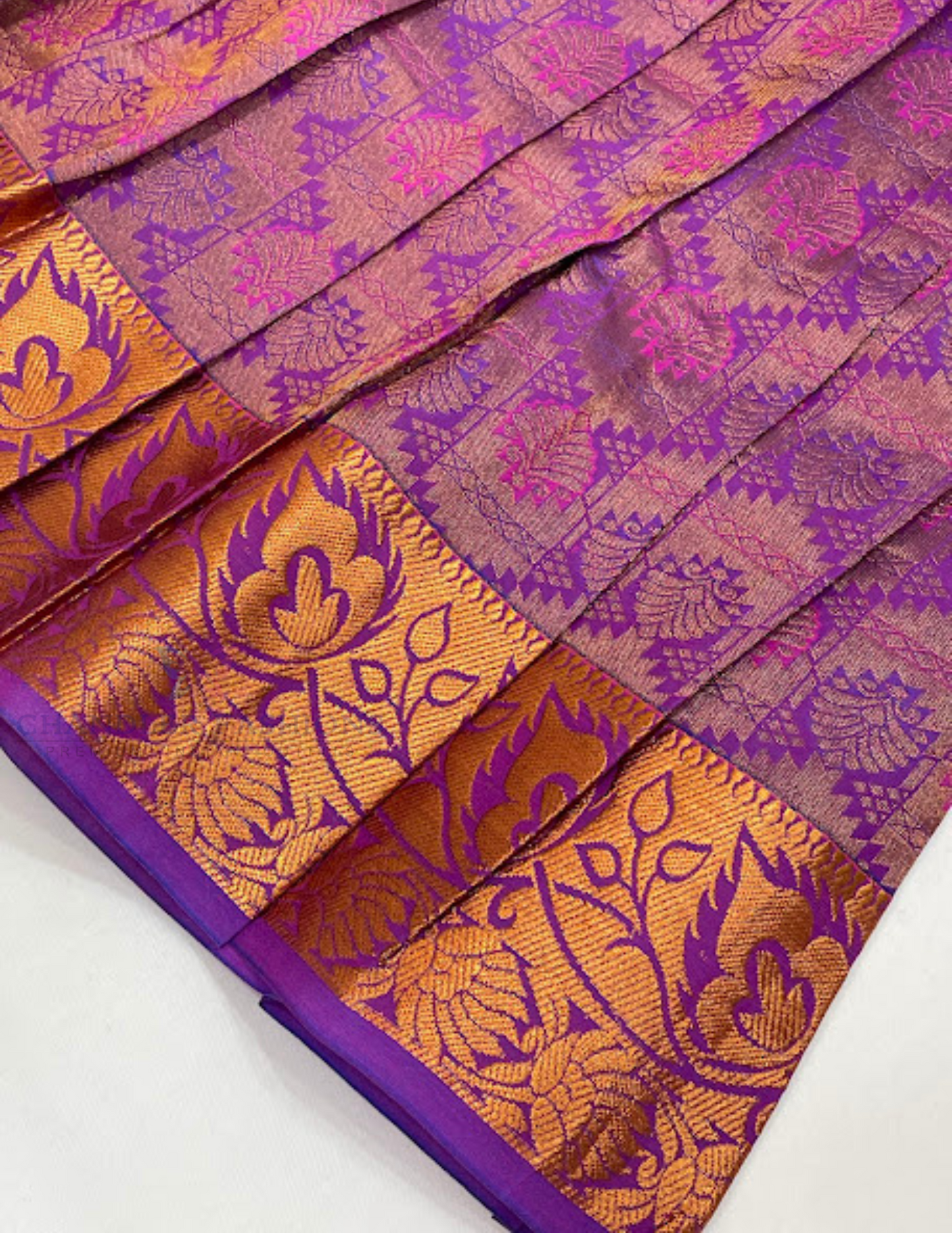 Appealing Light Orange And Violet Color Silk Langa sets With Zari Work For Girls