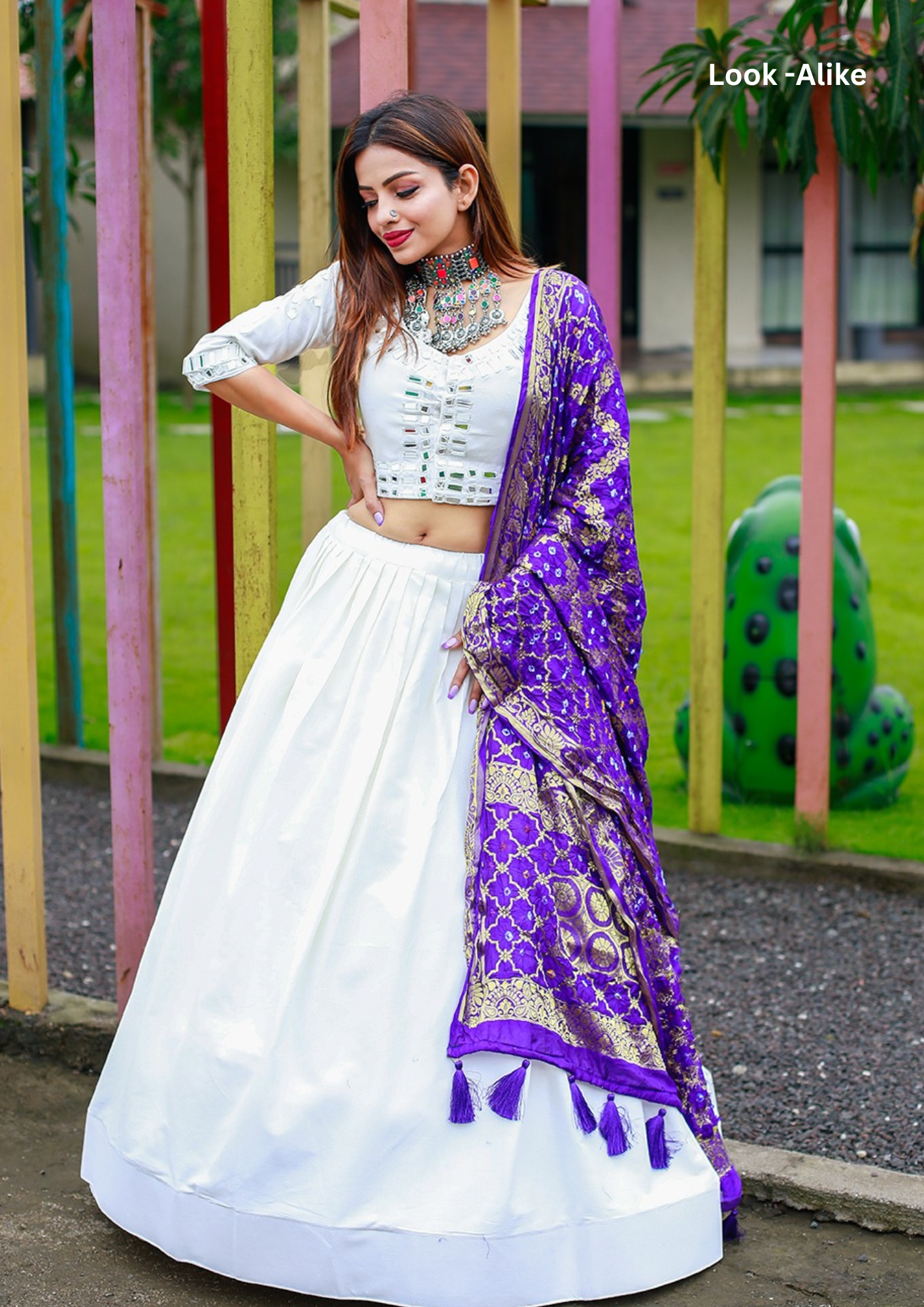 White Lehenga With Purple Color Dupatta In Suncity