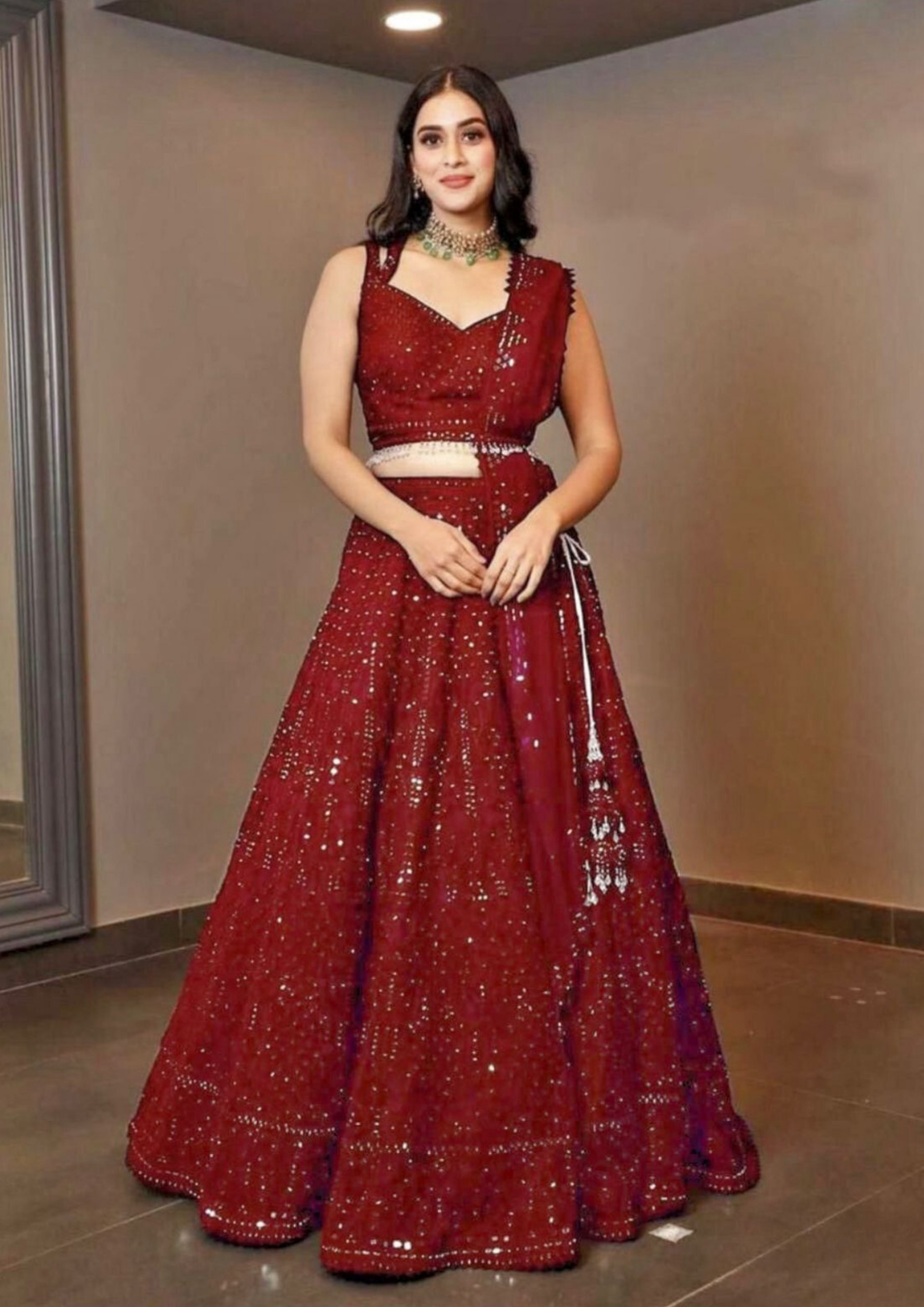 Attractive Red Colored Embroidery Sequins Work Lehenga Choli For Women