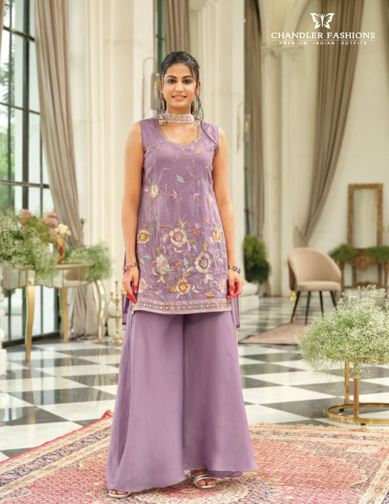 Beautiful Lavender Color Shimmer Silk With Embroidery Work Palazzo Suits For Women