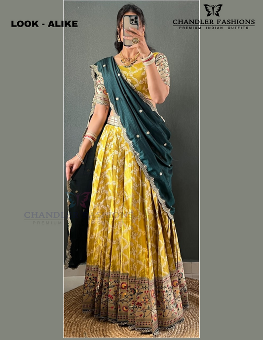 Elegant Mustard Yellow And Green Color Tissue Cotton Silk With Zari Work Lehenga Choli With Dupatta For Women