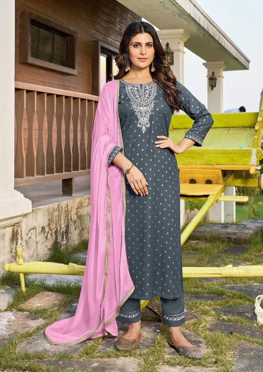 Appealing Rayon With Classy Foil Print Embroidery Work Kurti With Dupatta Sets For Women