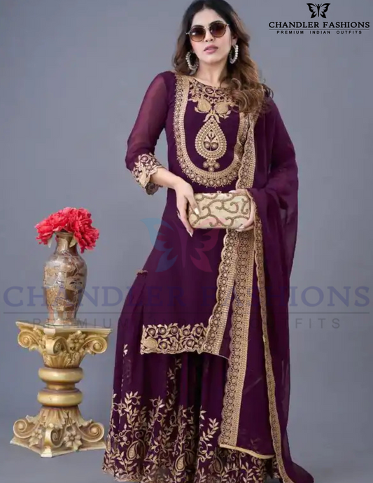 Wonderful Purple Color Faux Georgette Sharara Suit With Heavy Embroidery Sequins Thread Work For Women
