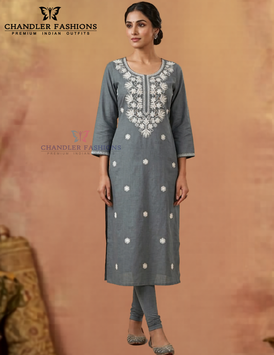 Elegant Gray Color Rayon With Embroidery Work Kurti For Women