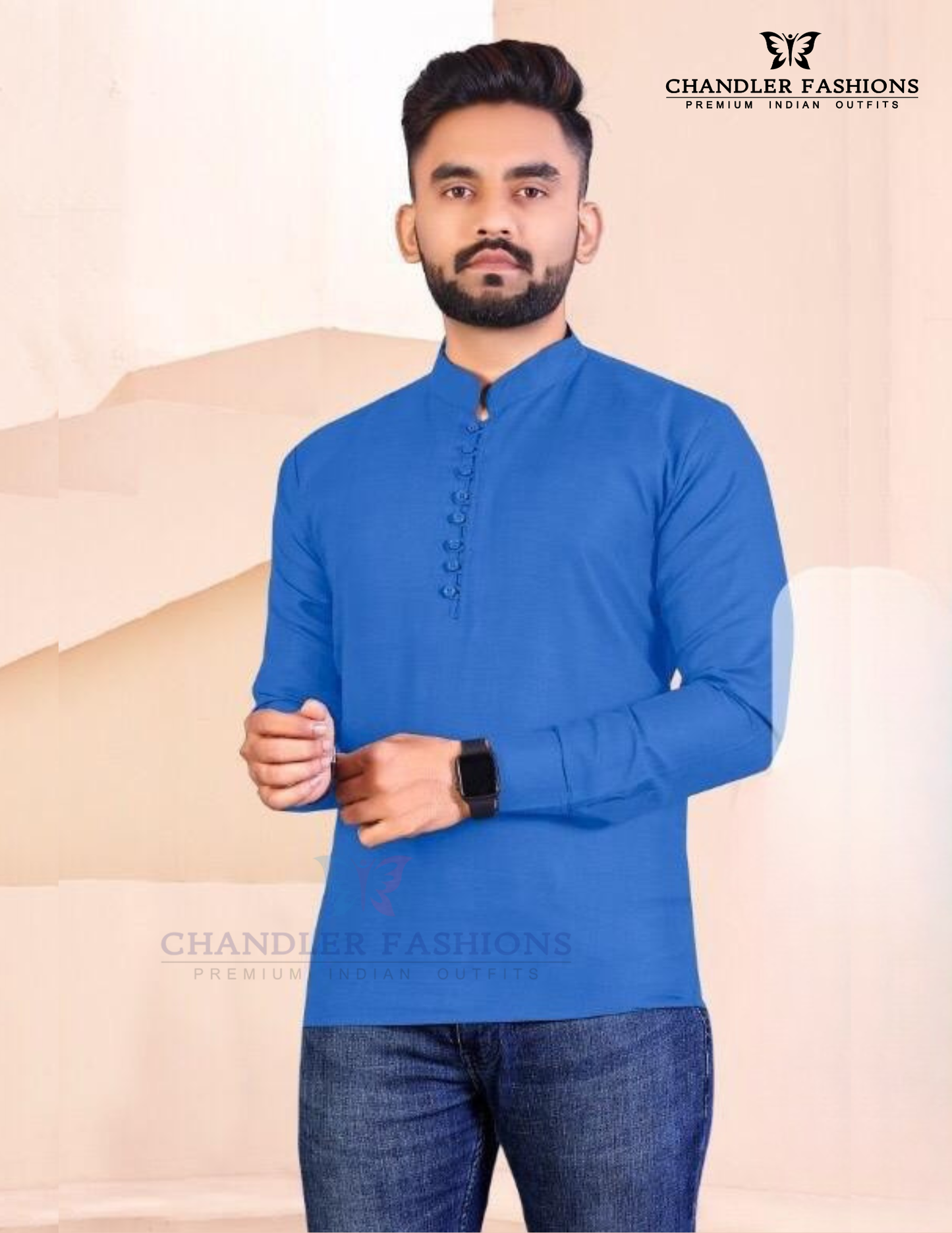 Beautiful Blue Color Cotton Men's Short Kurta Near Me