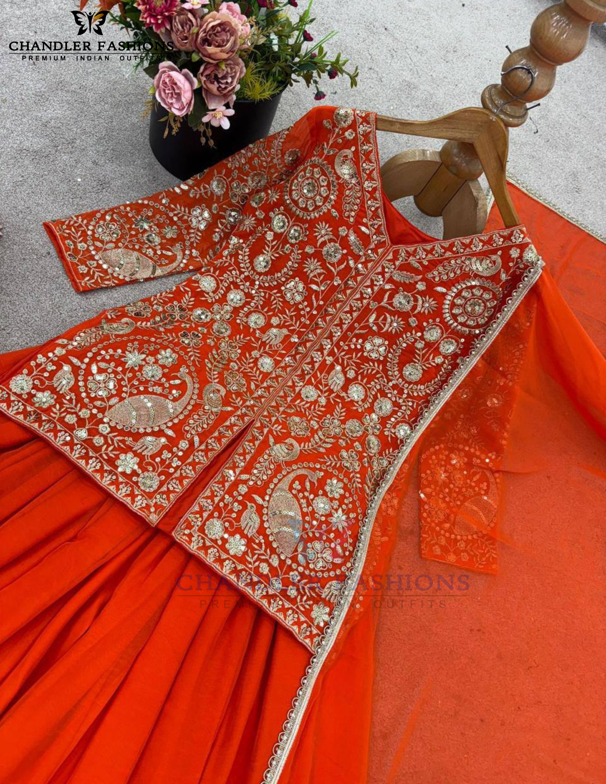Graceful Orange Color Georgette Palazzo Suits In Mesa