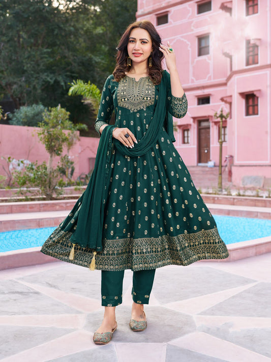 Charming Green Colored Rayon Foil Printed Zari And Embroidery Sequins Work Salwar Suits
