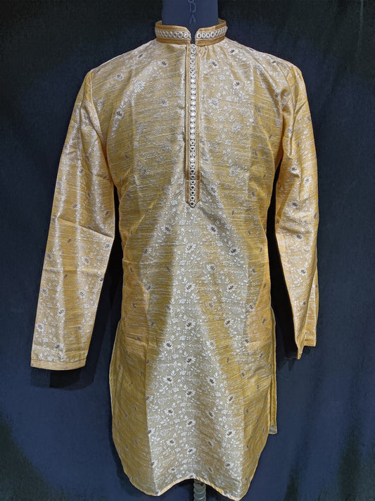Stunning Yellow Color Silk Zari Embroidery Kurta With Linning And Pajama Pant For Men