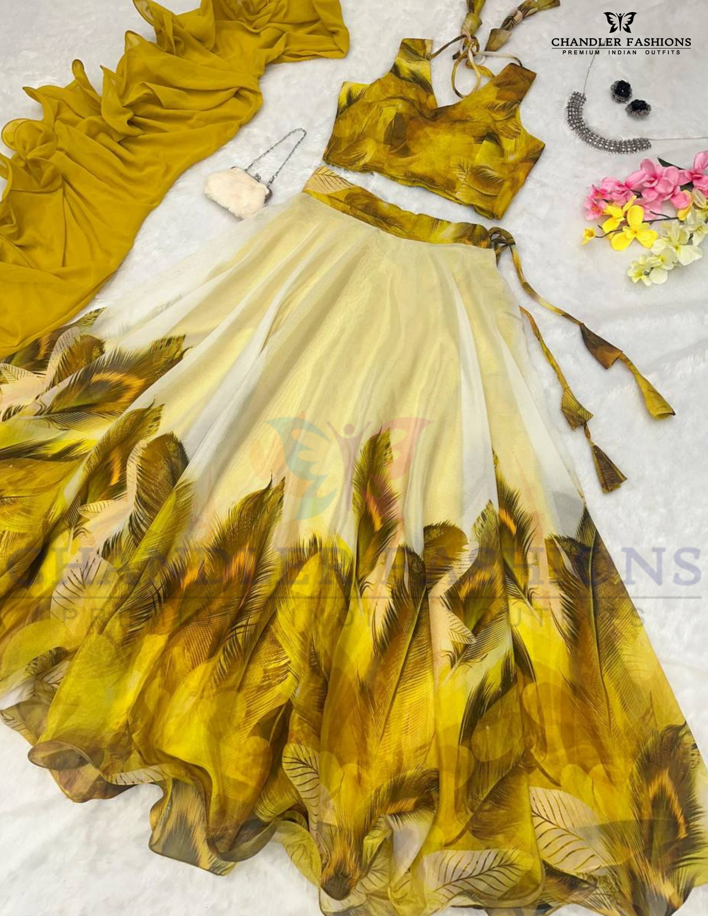 Stunning Yellow Color Organza Silk Lehenga Choli With Print Work For Women