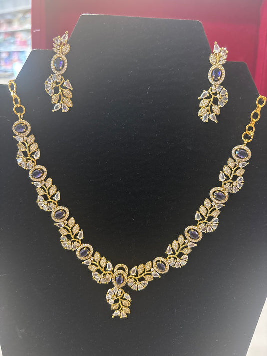 Royal White And Violet Color Stone Floral Design Necklace With Earrings For Women