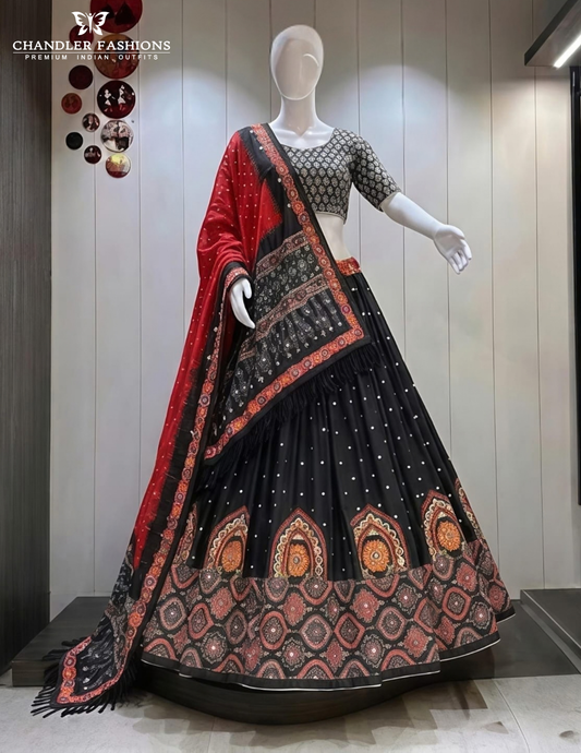Wonderful Black And Red Color Cotton With Printed Work Chaniya Choli Set For Women