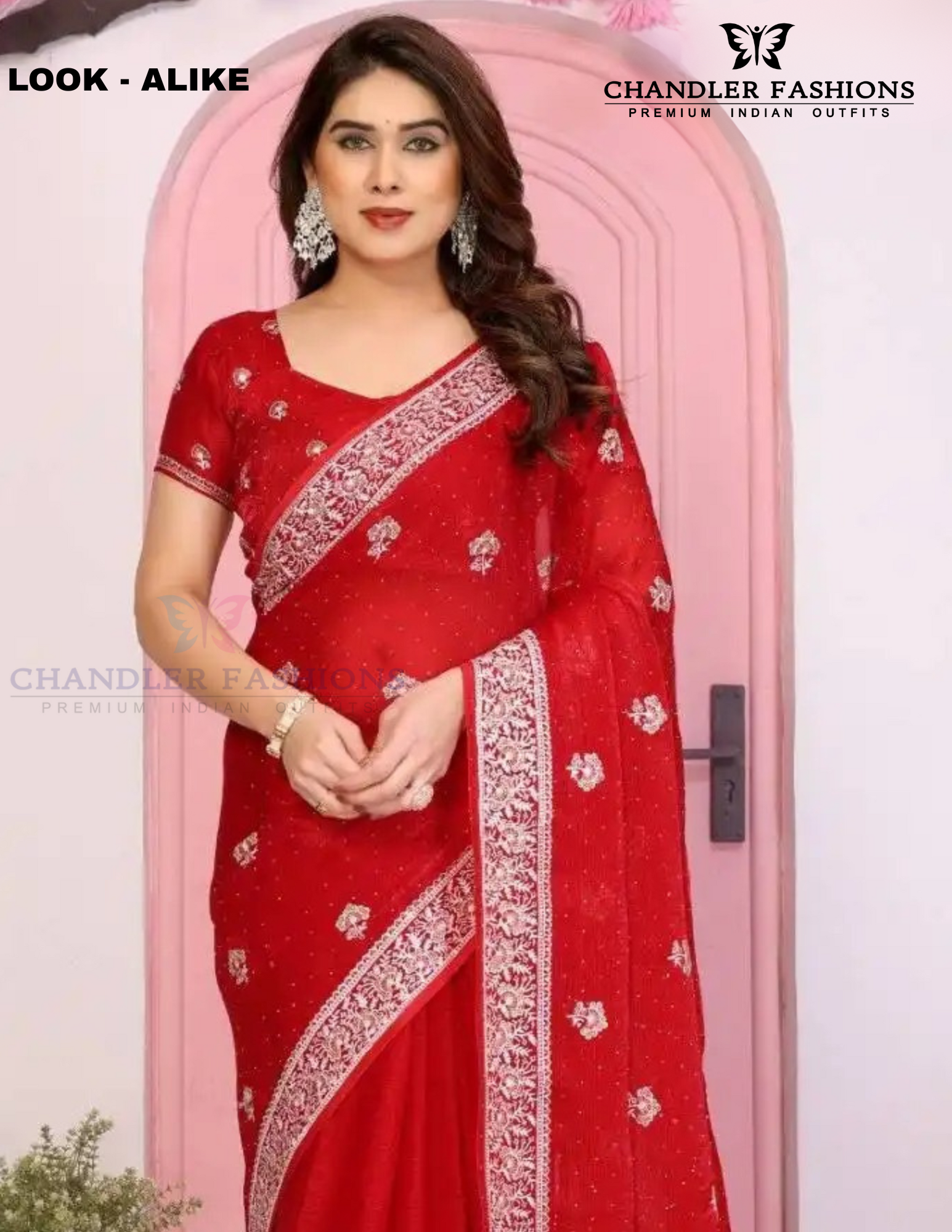 Dazzling Red Chiffon Silk Embroidery Work Saree Near Me 