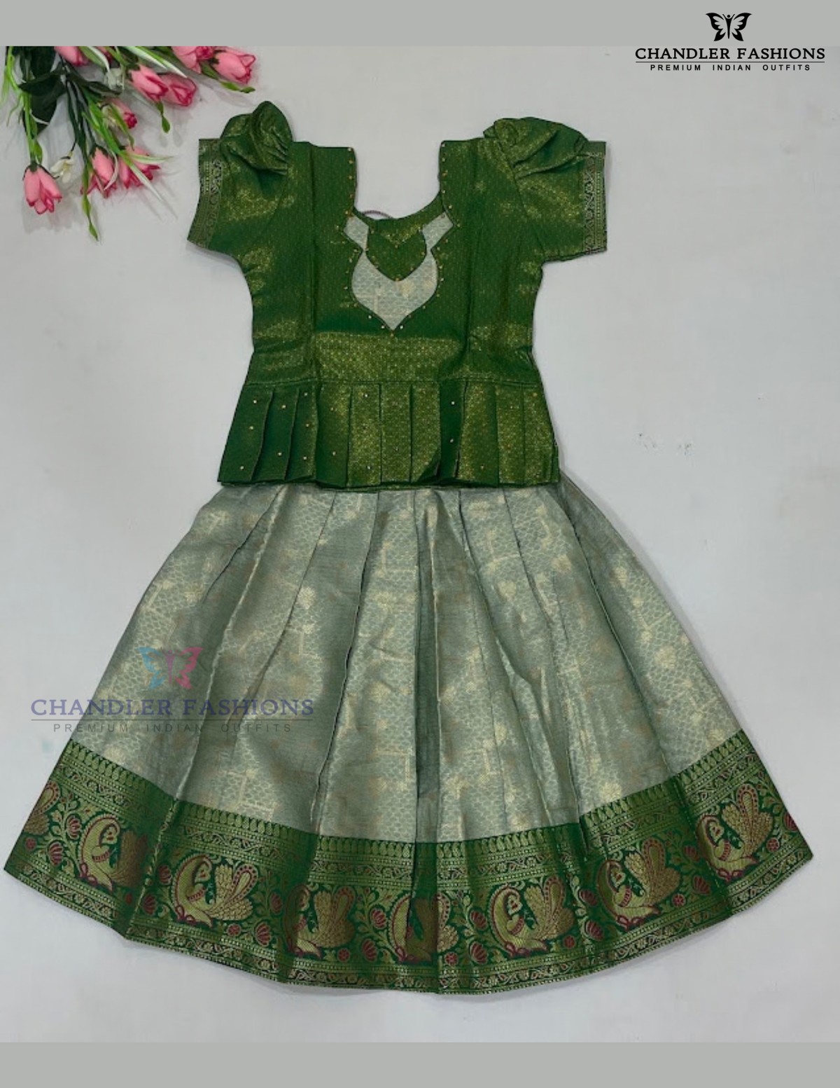 Alluring Green Color Silk Langa Set With Stone Work For Girls