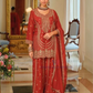 Beautiful Red Color Chinon With Embroidery Work Palazzo Suit With Dupatta For Women