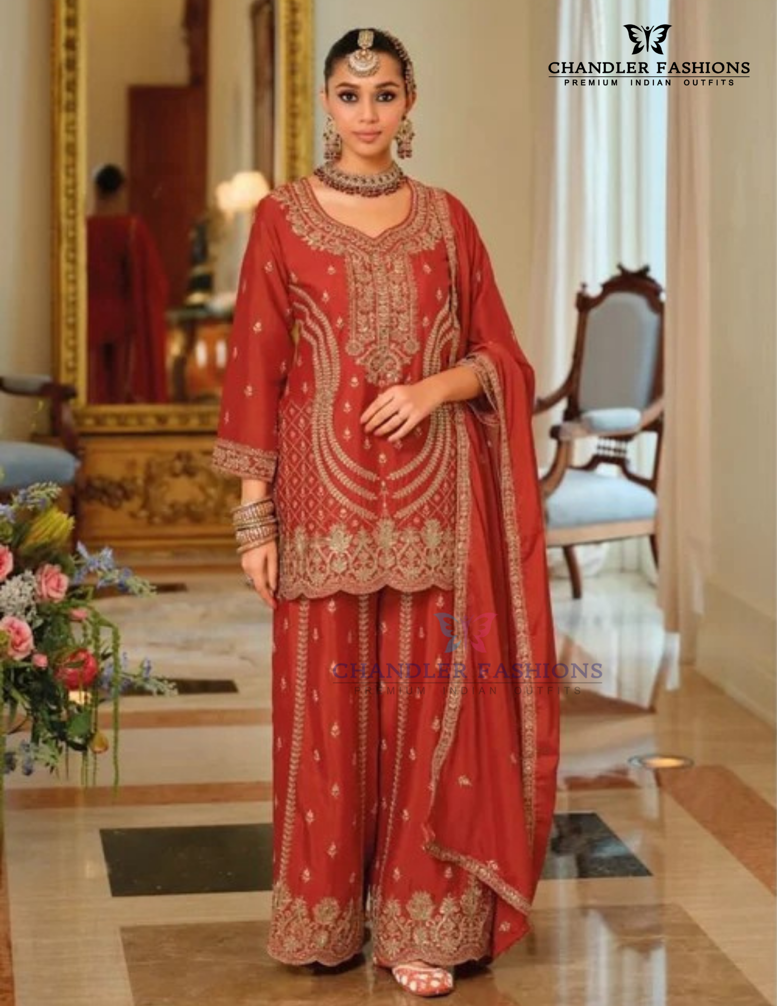 Beautiful Red Color Chinon With Embroidery Work Palazzo Suit With Dupatta For Women